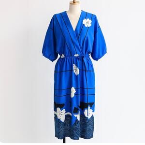 Vintage Size 12 Blue Tropical Floral Raoul Kimono Style Hawaiian Midi Print